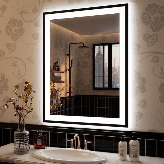 Oversized LED Anti-fog Mirror, 32 x 24 Black Metal Frame Wall Bathroom Mirror, Dimmable by GODCHAR