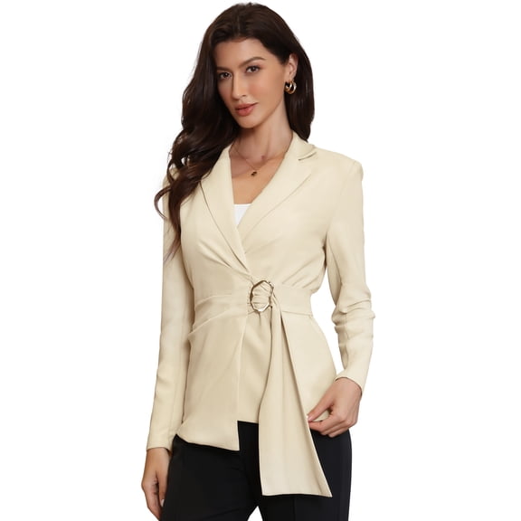 DARING DIVA Women's Casual Belted Notch Lapel Long Sleeve Blazer Jacket XS Apricot