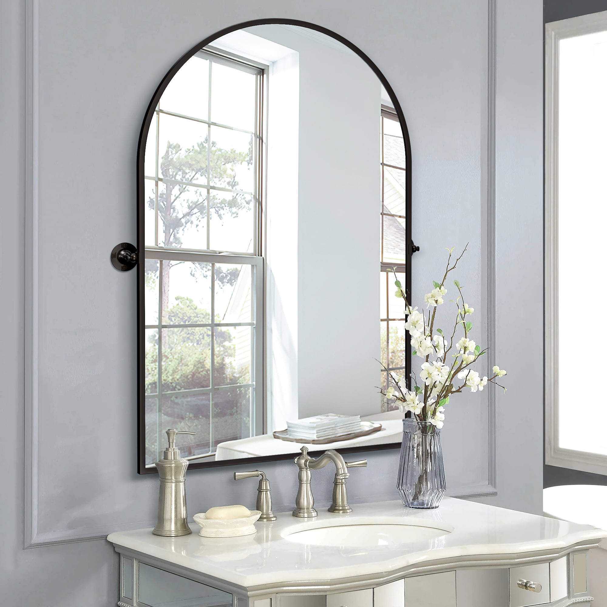 MAYEERTY 32"x24" Arched Gold Wall Mounted Black Vanity Mirror