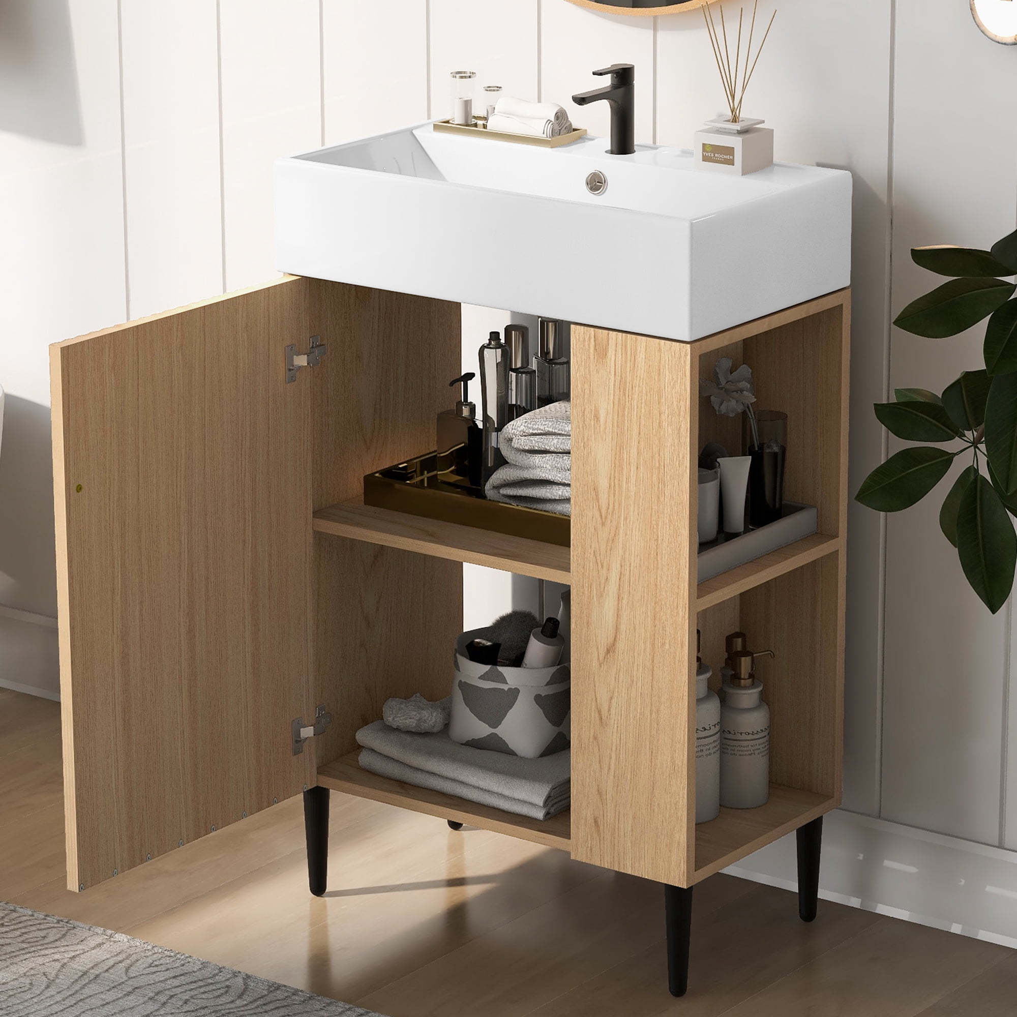 Euroco 21.6" Wood Bathroom vanity, Combo Cabinet, Bathroom Storage Cabinet, Single Ceramic Sink, Right side storage