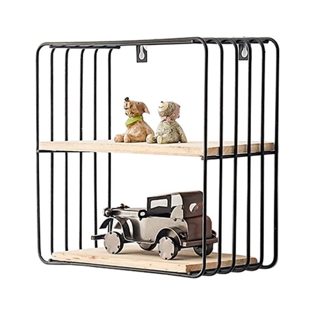 Estante de pared de hierro y madera para sala de estar, cocina, baño, elegante y exquisito estante de almacenamiento de pared cuadrado de doble capa negro