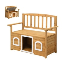 Ktaxon 44x23x36in Outdoor Storage Bench with Built-in Dog House for Patio Backyard, Fir Wood, Yellow & White