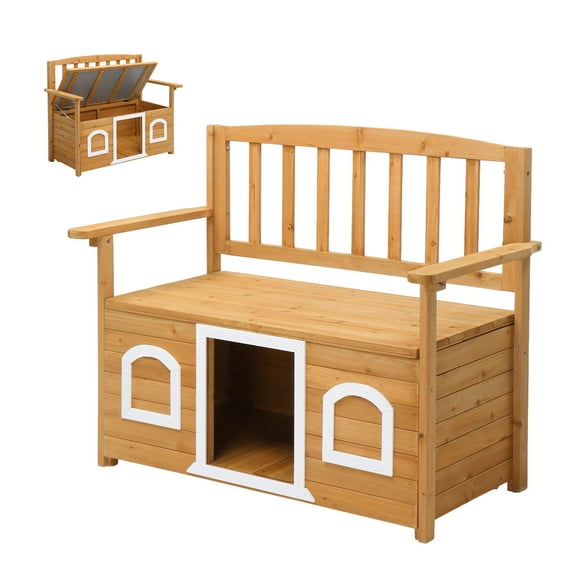 Ktaxon 44x23x36in Outdoor Storage Bench with Built-in Dog House for Patio Backyard, Fir Wood, Yellow & White