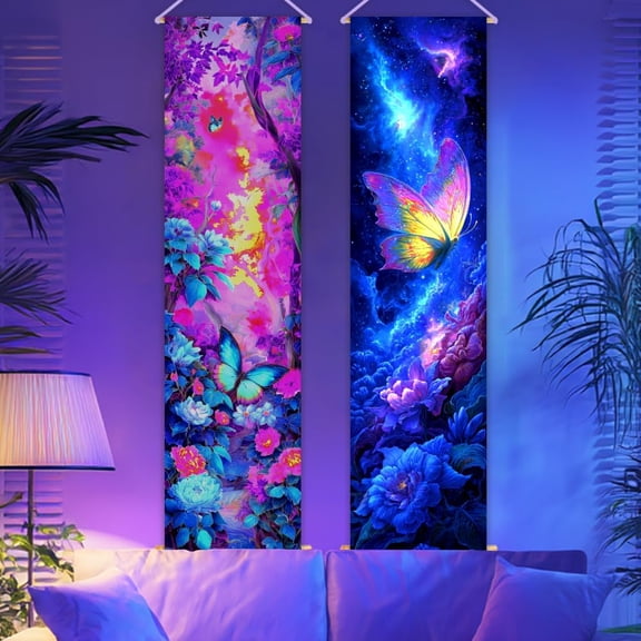 2 Pack Blacklight Butterfly Tapestry Glow in the Dark Tapestry UV Reactive Forest Wall Hanging 12.9×51 Inch with Ropes Wooden Rods
