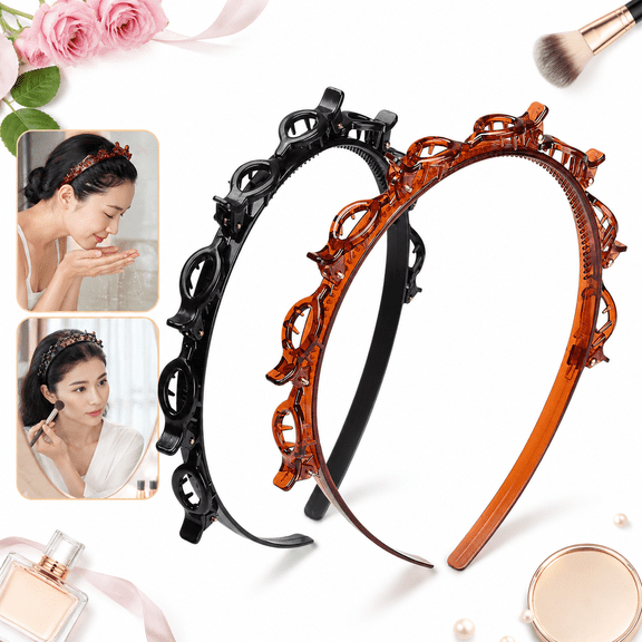 2 Pack Headband with Clips for Women, 8-Clip Bangs Hairstyle Hairpin Headbands, Toothed Hair Styling Braid Tool, Black & Brown