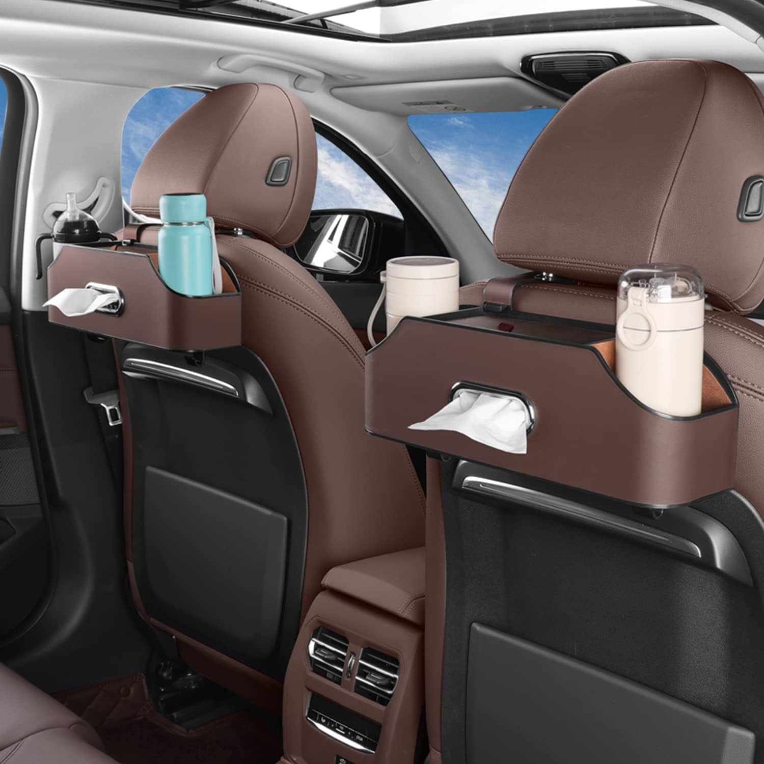 CEDQ Car Seat Back Organizer - Stylish & Functional Storage for Family Adventures - Cup Holders, Tissue Box & Hooks - Car Interior Accessories Perfect for Kids, Road Trips & Travel (Black)