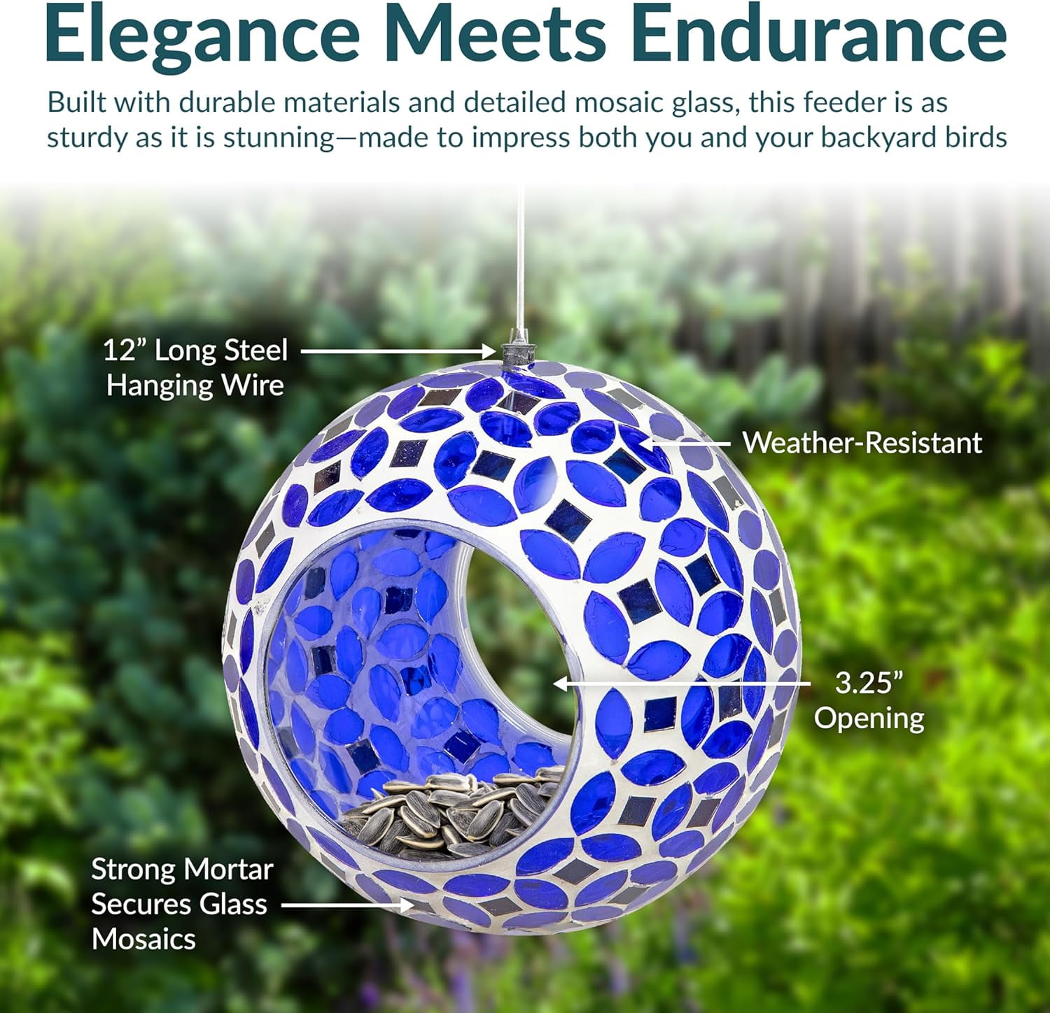 6-Inch Glass Mosaic Hanging Bird Feeder for Outdoors - Fly-Through Wild Bird Feeder - Lavender Mosaic