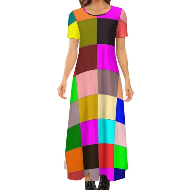 Robe à Blocs de Couleur Rayures Colorées Robe Maxi de Soirée Manches Courtes Esthétique Boho Plage Longues Grandes Tailles