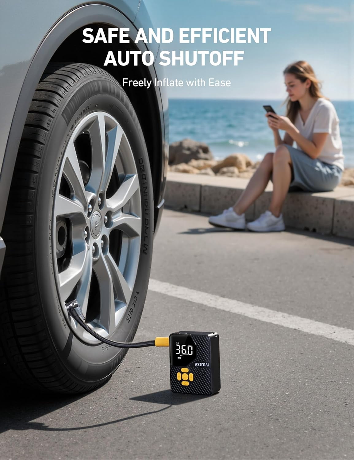 AstroAI Tire Inflator Portable Air Compressor,150 PSI Cordless Car Tires Air Pump with LED Lights&Pressure Gauge,Auto Shut-Off - Tire Pump for Auto,Motorcycle, Bicycle, Ball Yellow