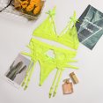 thumbnail image 3 of Conjunto de ropa interior de encaje de 3 piezas para mujer, sujetador sexy, bragas, liguero, verde fluorescente, S kenally XX000052-07, 3 of 7
