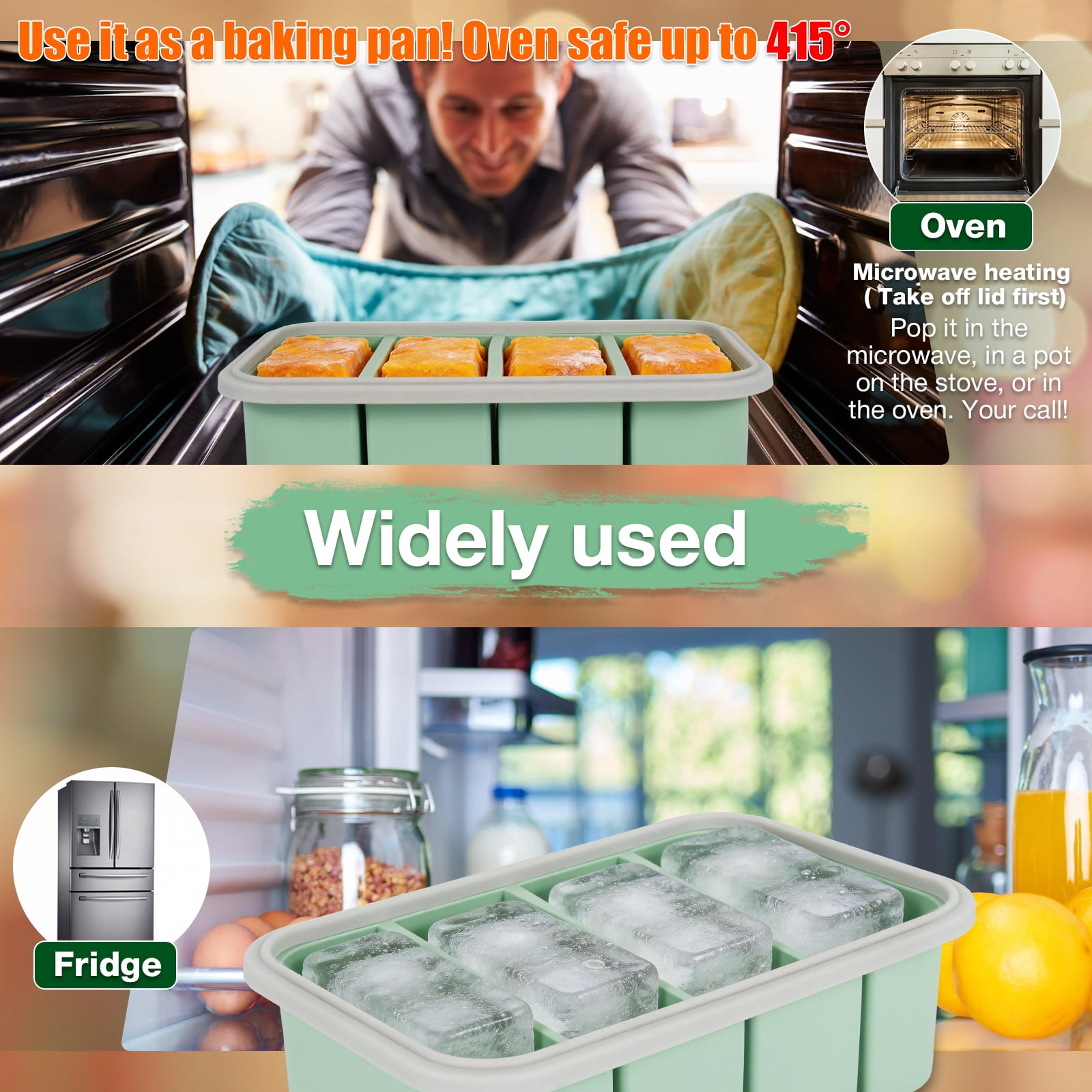 Xiyztok 2PCS Silicone Freezer Molds with Lids, 1 Cup Soup Freezer Container Ice Cube Tray, Green