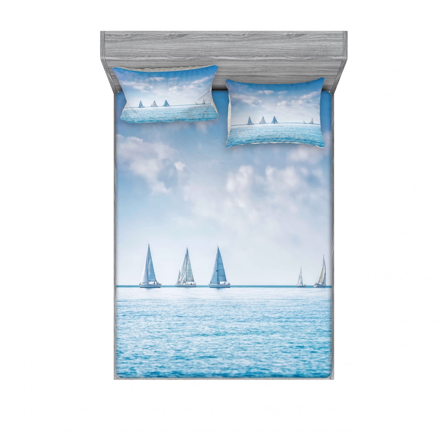 Ocean Bedding Set With Sheet Covers Sail Boats Sea Regatta Race Sports Panoramic View Seascape Summer Sky Photo Printed Bedroom Decor 2 Shams 4 Sizes Pale Blue And White By Ambesonne