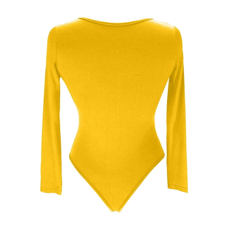 Womens Long Sleeve Rib Knit Bodysuit Round Neck Solid Color Sexy