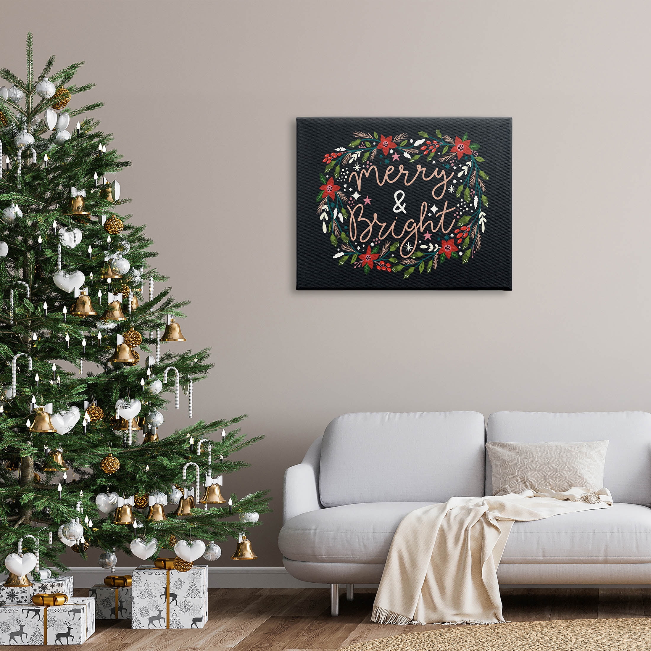Merry & Bright Poinsettia Wreath Holiday Graphic Art Gallery Wrapped Canvas Print Wall Art