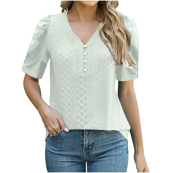 Timegard Eyelet Tops for Women V Neck Button Puff Short Sleeve Summer Beach Casual Comfy Tops Drop Shoulder