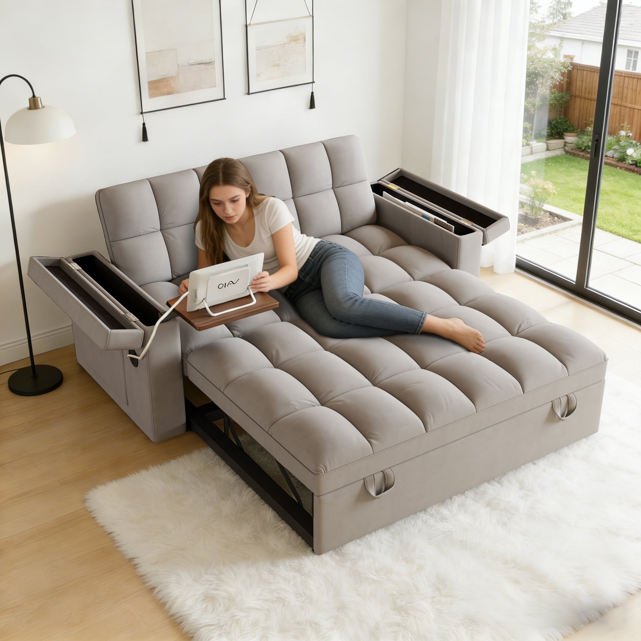 Gewnee 65" Foldable Sofa Bed with Table Board & USB,5-Level Adjustable Backrest & Pillow & Storage Armrests,Space-Saving for Living Room,Apartment,Office.Light Grey