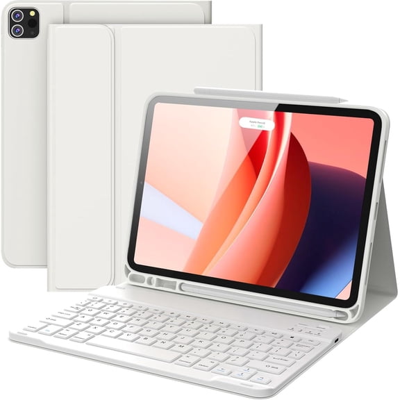 for iPad Air 11 Inch Case with Keyboard M3/M2 (2025/2024), Rechargeable Wireless Keyboard, Detachable - Pencil Holder, for iPad Pro 11，White