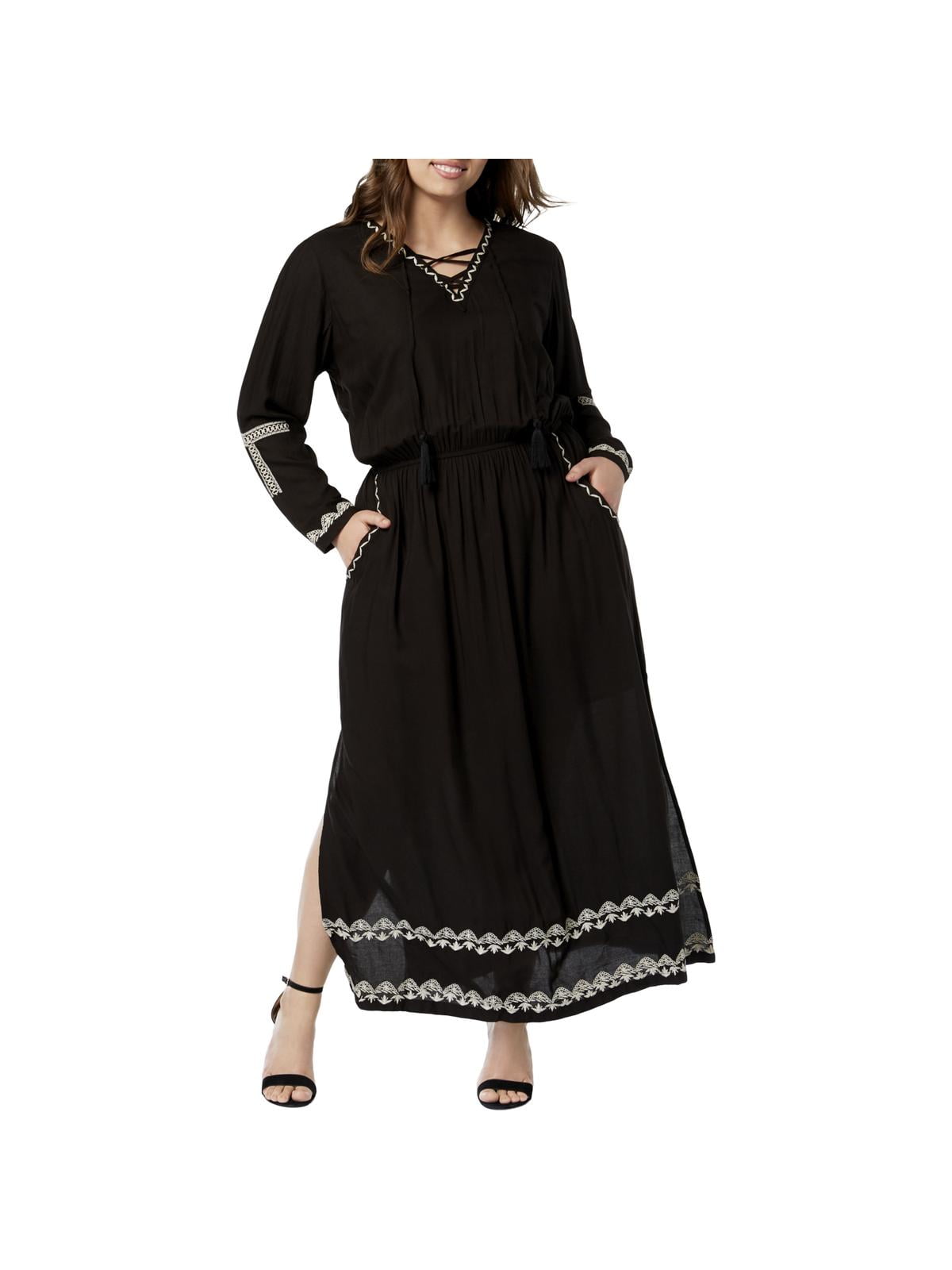 NY Collection Womens Plus Long Sleeves Embroidered Maxi Dress Black 3X