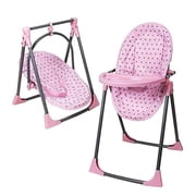 Lissi: 6-In-1 Convertible Highchair Play Set - Pink & Grey Polka Dot - Highchair-Swing-Bed-Carrier, Toy Bag & Accessories For Dolls Up To 18, Kids 3+