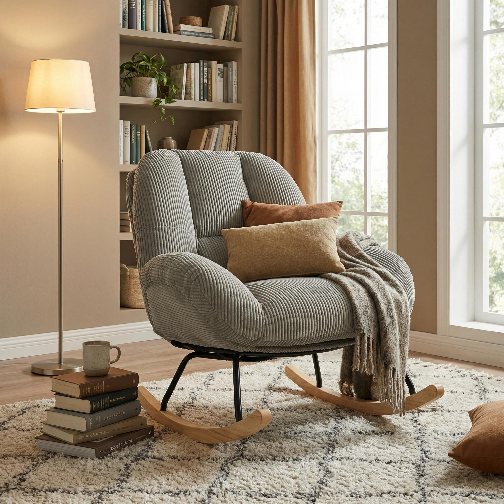 Homy Casa Corduroy Rocking Accent Chair with Solid Wood Base, Lounge Chair for Living Room, Bedroom, Reading Corner