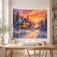 thumbnail image 5 of Log Cabin Among Snowy Pines Beside a Sunset Lake, Cozy Illustration for Nature Lovers, Winter Cabin Decor, Housewarming Gift, Tapestry Wall Hanging for Bedroom and Living Room, 5 of 7