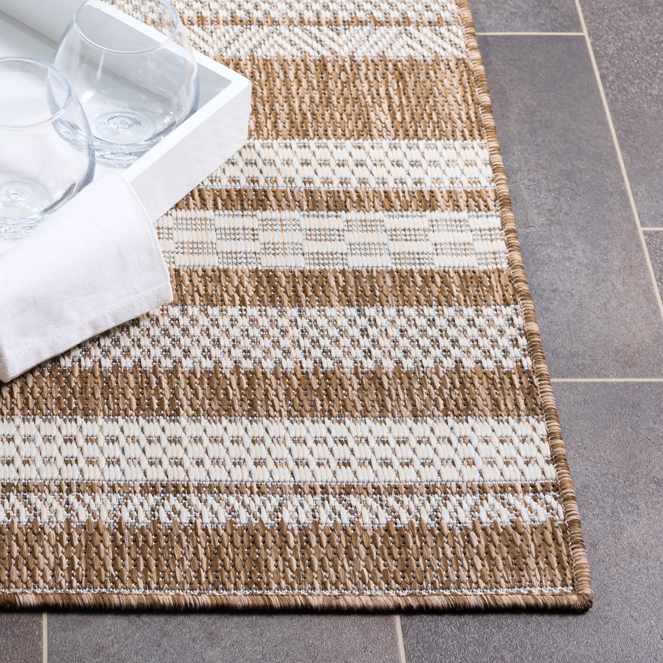 Safavieh Beach House Merrilyn Striped Indoor/Outdoor Area Rug, Brown/Ivory, 6'7" x 6'7" Square