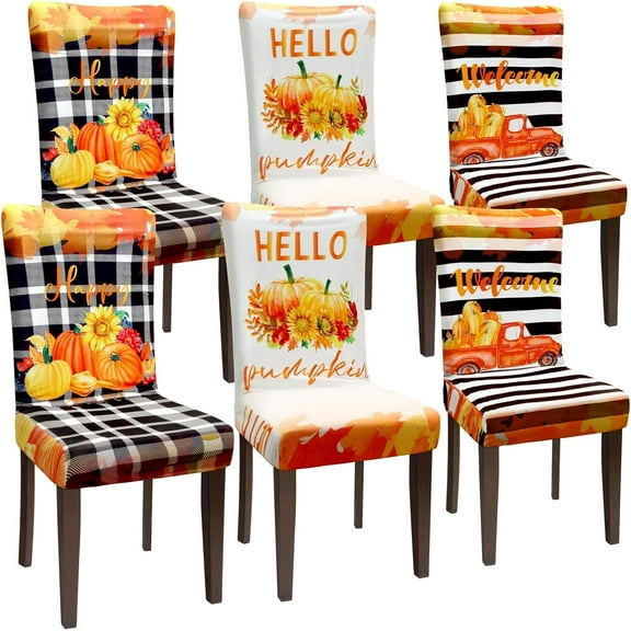 Fall Chair Covers Set of 6 Thanksgiving Dining Protector Stretch Autumn Pumpkin Truck Maple Leaves Slipcovers Removable Washable for Dining Hotel Party Wedding