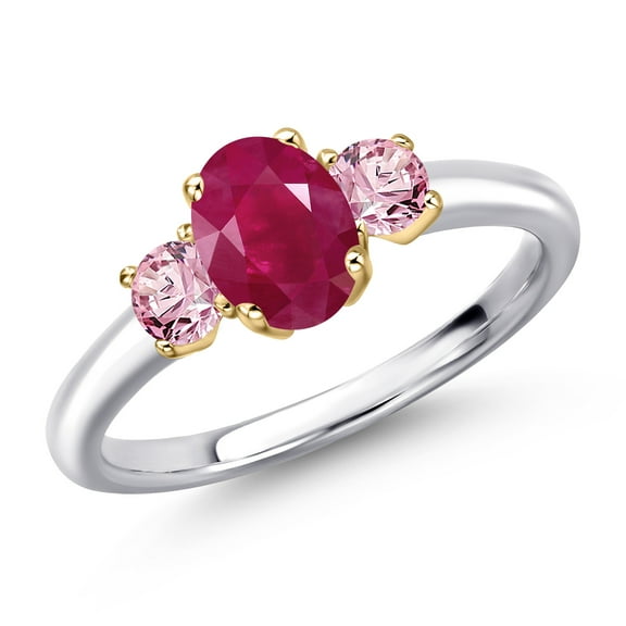 Gem Stone King 10K Two Tone Gold Red Ruby and Pink Lab Grown Diamond Engagement Ring for Women | 1.36 Cttw | Oval 7X5MM | Gemstone July Birthstone | Size 9