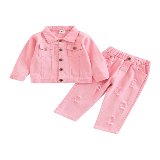 Toddler Kids Girls Clothes 2Pcs Set Lapel Botton Long Sleeve Denim Jacket Tops Ripped Jeanst Pants Outfits Pink 3-4 Years