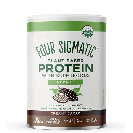 Four Sigmatic Creamy Cacao Superfood Protein, Organic Plant-Based Protein With Chaga Mushroom & Ashwagandha, Supports Immune Function & Muscle Repair, Blends Smoothly, 21.16 Oz