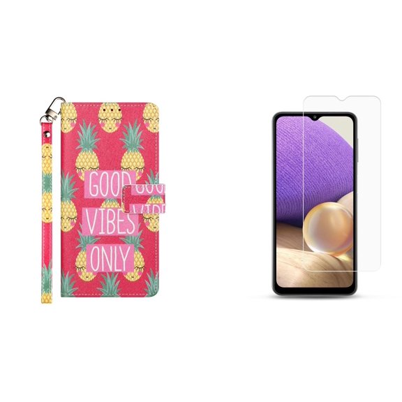 Bemz Clutch Pocket Series Wallet Case for Samsung Galaxy A42 5G with Tempered Glass Screen Protectors (2-Pack) and Key Tool - Good Vibes Only Pineapples