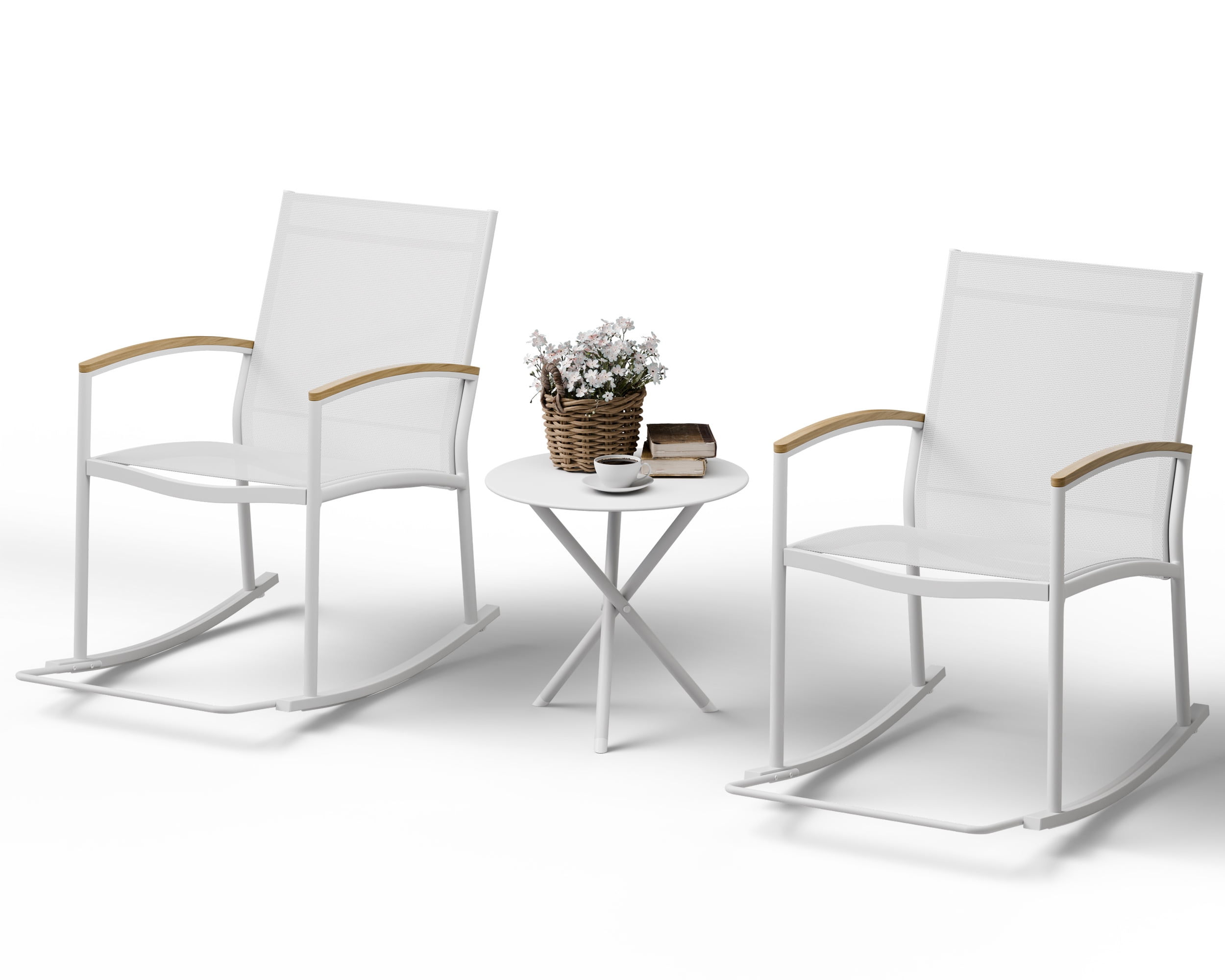Walsunny 3 Pieces Patio Set Outdoor Patio Furniture Sets Modern Rocking Bistro Set Textilene Chair Conversation Sets White