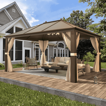 EROMMY 10' x 13' Hardtop Outdoor with Galvanized Steel single Roof , Outdoor Gazebos with Aluminum Frame ,Netting and Shaded Curtains Permanent Metal Pavilion for Patio, Backyard and Deck