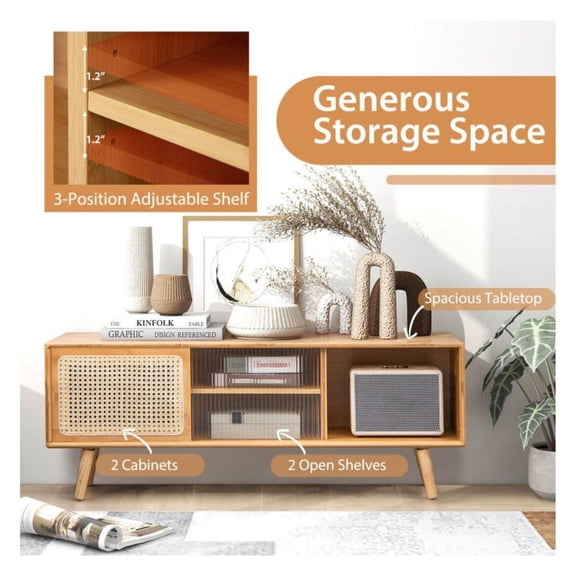 Bamboo TV Stand with Rattan Doors - 55 Inch TV Console, Modern Entertainment Center with Adjustable Shelf & Cable Management - Natural Wood Finish Living Room Furniture