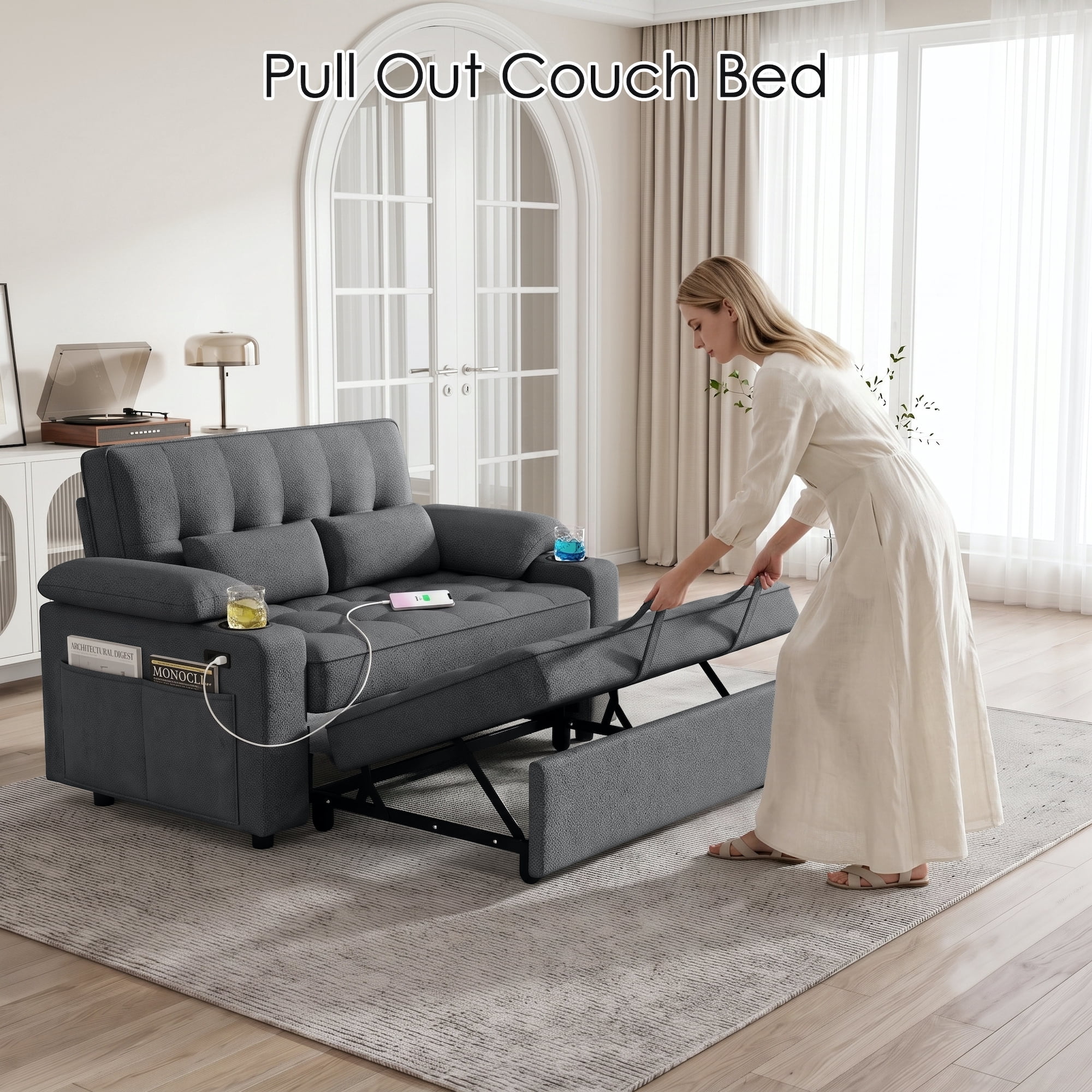 58" Sleeper Sofa Bed, Full Size Pull Out Couch, Towel Fabric Convertible Loveseat with USB Charging, Cup Holders, Adjustable Backrest & Side Pockets for Living Room, Apartment, Office (Dark Gray)