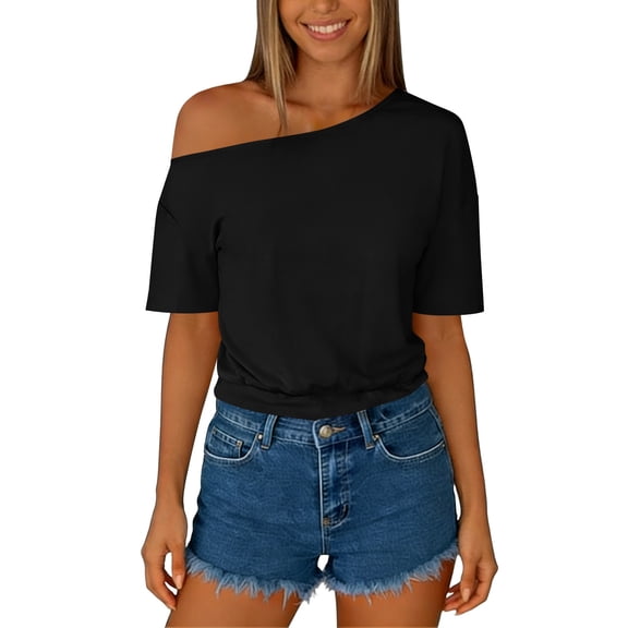 Sexlip Womens Swimsuit Set Asymmetrical Off Shoulder Cover Up Design Short Sleeve Cropped Silhouette Lightweight Fabric for Beach Vacations Black S