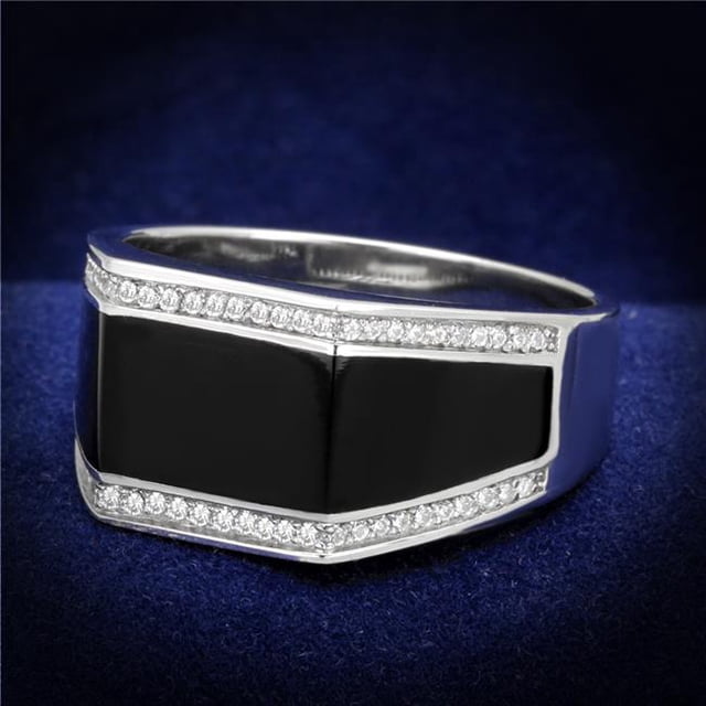 Men Rhodium 925 Sterling Silver Ring with AAA Grade CZ in Clear - Size 9