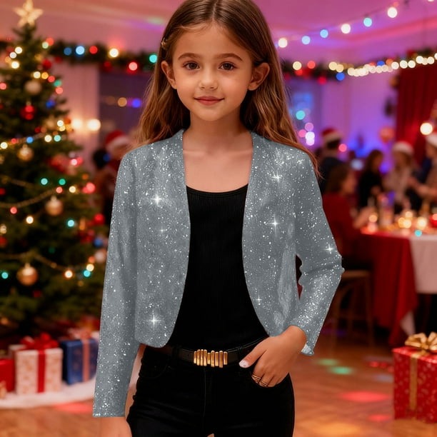 Cowsor Girls Sequin Blazer Open Front Jacket Party Christmas Sparkly Coats