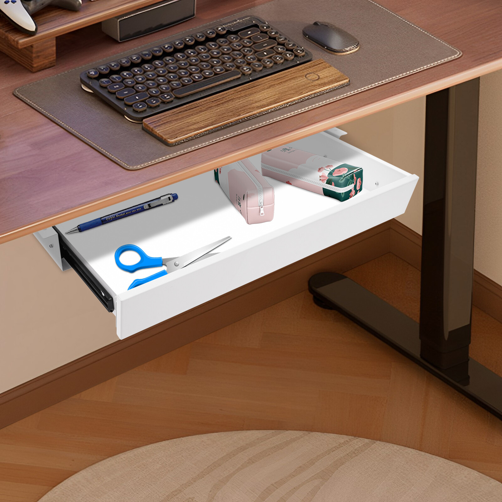 White Rectangular Stand Up Desk Store Add-On Office Sliding Under-Desk Drawer Storage Organizer 4.4 lbs Capacity 21.6*14*2.875in for Office,Home