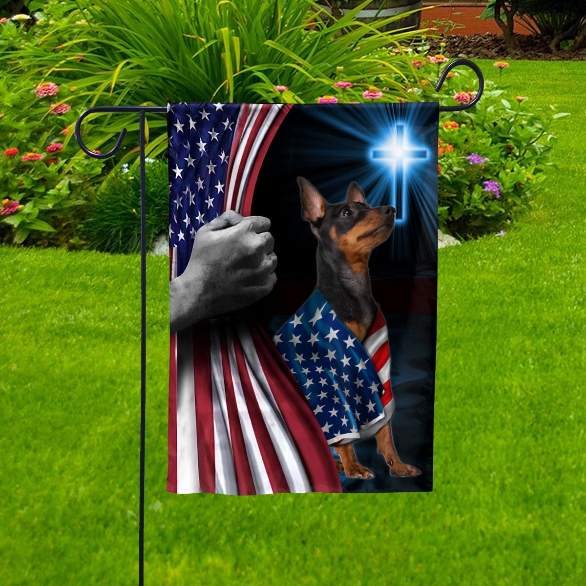 Hand Pulling USA Flag Doberman Pinscher Dog Wearing Flag American Standing under Cross Christian Patriotic House Flag (3x5) Double Sided- Premium Polyester-Decorative Indoor Outdoor Flag