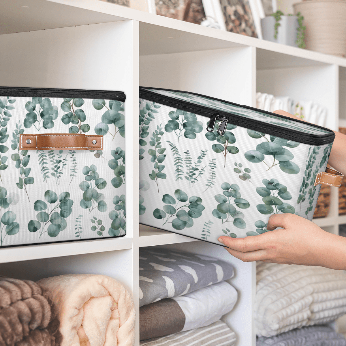 CURLYOOT Green Eucalyptus Leaves Fabric Storage Bins with Lids, Eucalyptus Leaves Foldable Storage Boxes Washable Storage Cube, Closet Bedroom Home Organizer Containers with Handles
