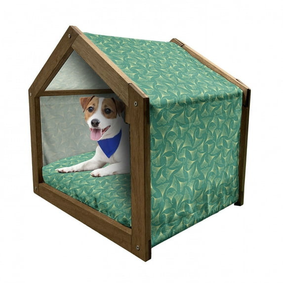 Gingko Pet House, Biloba Leaves Traditional Plants Chinese Leafage Woodland Spa Pattern, Outdoor & Indoor Portable Dog Kennel with Pillow and Cover, 5 Sizes, Teal and Pale Yellow, by Ambesonne
