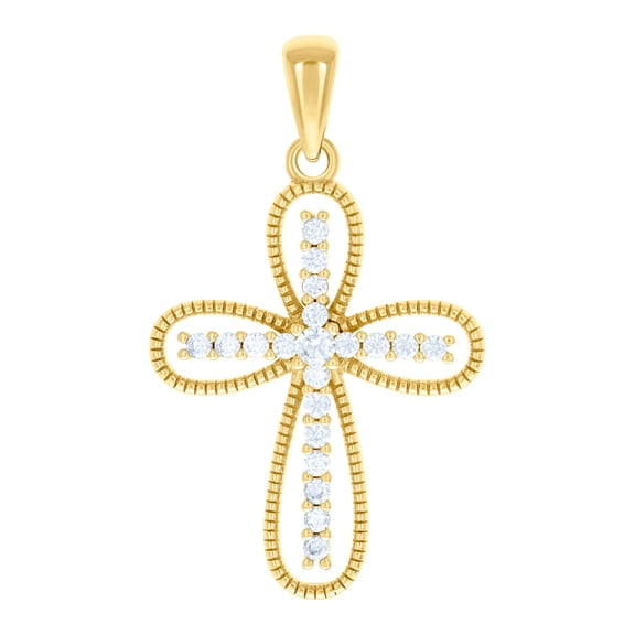 925 Sterling Silver Yellow-tone Unisex Round Cubic Zirconia Cross Religious Charm Pendant Necklace 31.8x18.7mm Wide Pend