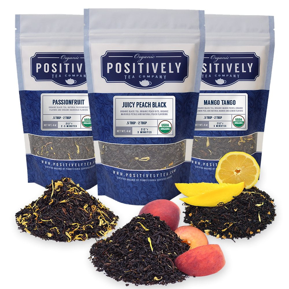 Positively Tea's Organic Flavored Black Tea Sampler, Loose Leaf, 4 oz Bags, 3 Pack