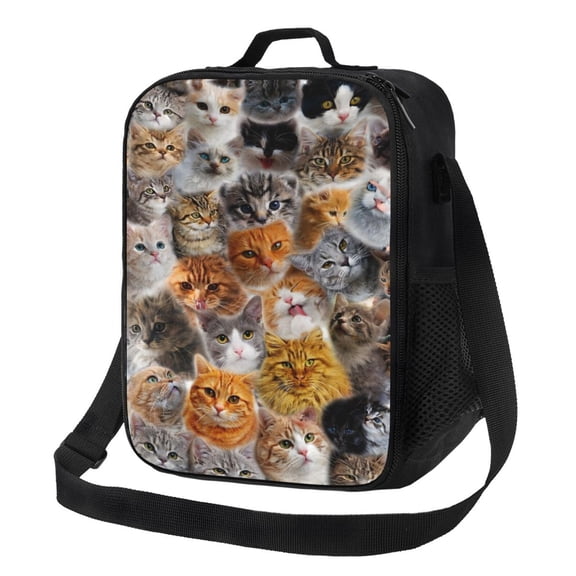 Cute Cats Pattern Lunch Bag Insulated Thermal Box with Shoulder Strap & Handle for Work and Picnic
