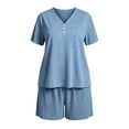 thumbnail image 5 of Plus Size Women's Plus Size 2 Piece Pajama Sets, V-Neck Short Sleeve Top & Drawstring Pocket Elastic Shorts, Oversized Solid Casual Home Outfit | TruHer,Light Blue 2XL, 5 of 7
