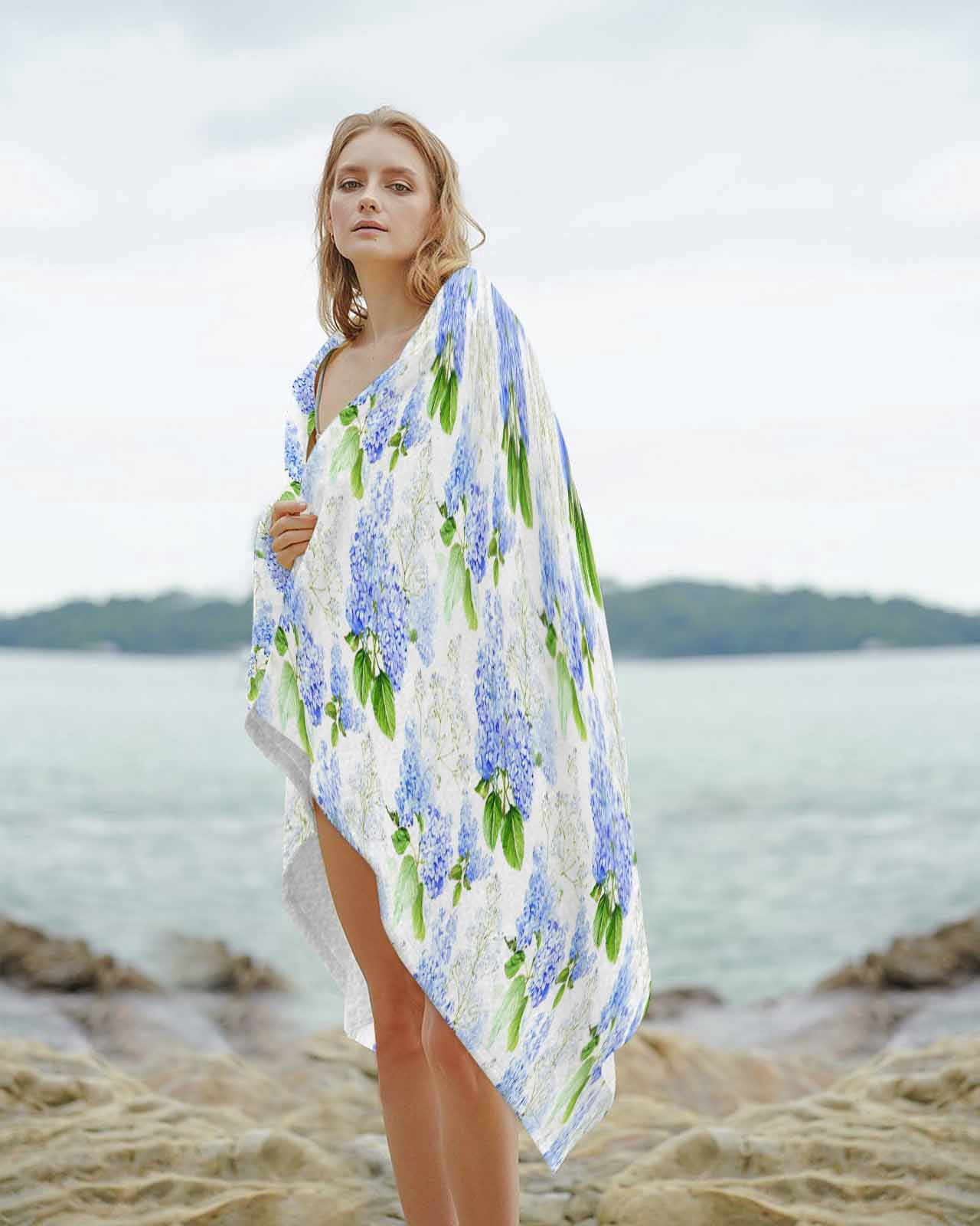 Summer Hydrangeas Beach Towels Oversized Super Absorbent, White Blue Flowers Pastoral Leaves Lightweight Bath Towel Quick Dry Sets For Bathroom/Pool/Rv Camping/Beach Play/Gym Room/Picnic 30"x60"