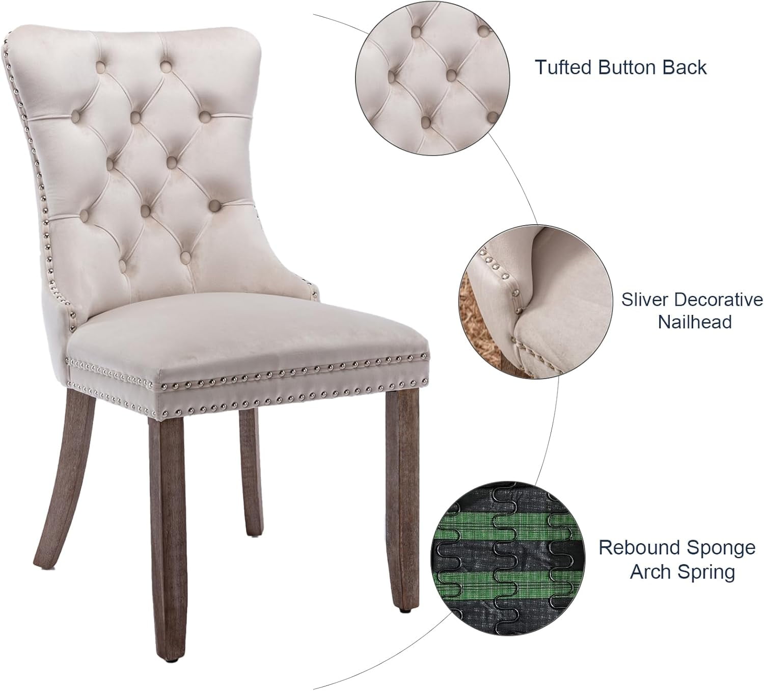 MOONMISS Dining Chairs 2-Pcs Set, High-end Velvet Upholstered Accent Chairs Button Tufted Dining Chairs with Back Ring Pull and Nailhead Trim,Beige