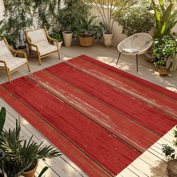 Red Wood Grain Outdoor Area Rug 3x5ft Decorative Indoor Outdoor Rug Rustic Vintage Wooden Patio Area Rug for Porch, Deck, Balcony, Entryway, Camping & RV