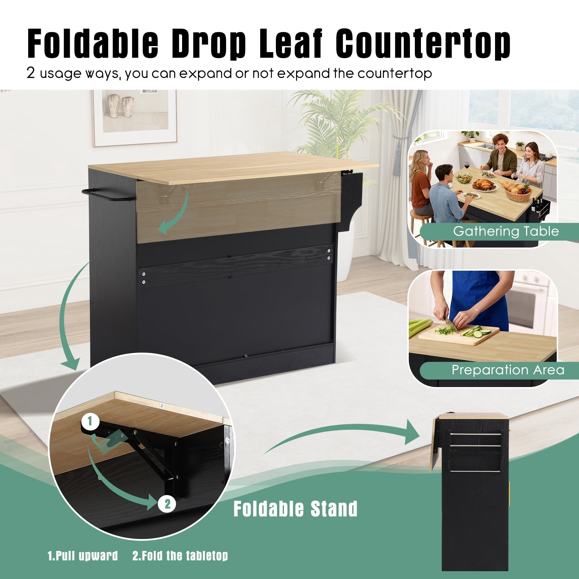 Haverchair 39.7" Kitchen Island with Drop Leaf and Storage Cabinet, Mobile Kitchen Rolling Bar Cart with Trash Can Cabinet and Drawer, Modern Island Table for Kitchen with Spice Rack and Towel Rack